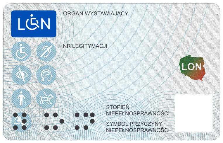 Wzór nr 44 do nr 20, 22, 25 LEGITYMACJA DOKUMENTUJĄCA STOPIEŃ NIEPEŁNOSPRAWNOŚCI Awers Rewers Opis: 1.4. Legitymacja ma formę spersonalizowanej karty (układ poziomy) o wymiarach 54 x 85,6 mm. 1.5. Karta jest wykonana z poliwęglanu.