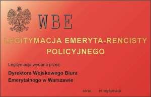 Wzór nr 52 do nr 22, 25 LEGITYMACJA EMERYTA RENCISTY POLICYJNEGO Legitymacja w postaci karty wykonanej z PVC, o krawędziach zaokrąglonych, w formacie według standardu ISO 7810 ID-1: 53,98 x 85,6 x