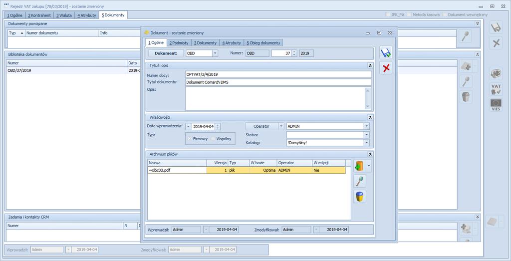 Dokumenty dodane w kontrolce podczas generowania dokumentu dodawane są w Comarch ERP Optima do dokumentu OBD powiązanego z wygenerowanym dokumentem w rejestrze VAT.