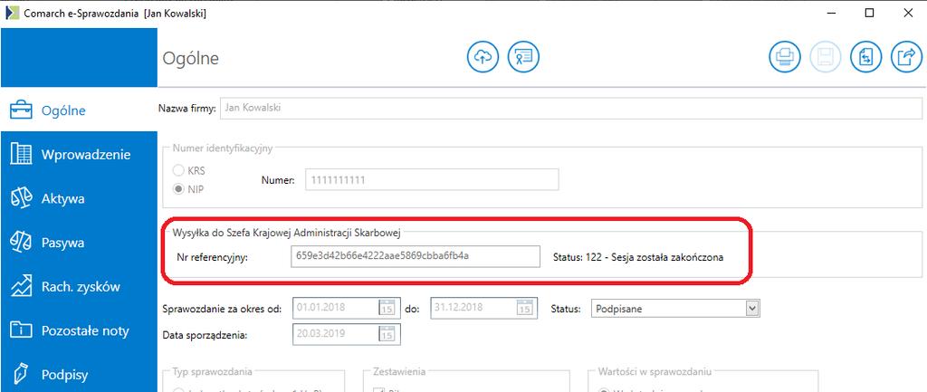 Rys 10. Informacja o wysłanym sprawozdaniu Zawartość pola Status może się zmieniać po wciśnięciu przycisku Pobierz UPO, w zależności od aktualnego etapu jego przetwarzania.