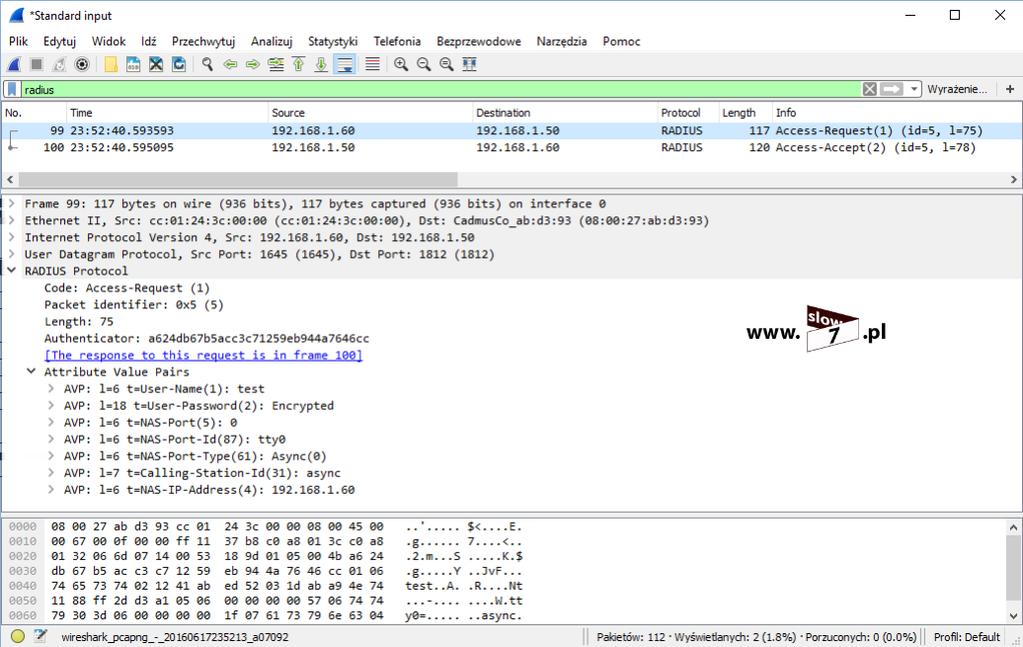 Poniżej jeszcze przechwycony ruch sieciowy pomiędzy routerem a serwerem RADIUS. Host 192.168.1.60 (router) w kierunku serwera RADIUS (adres IP 192.