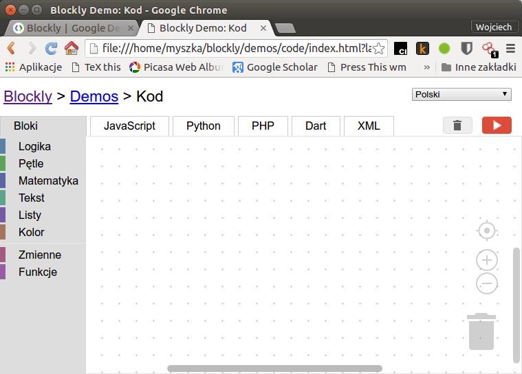 10 1. Mój pierwszy program Rysunek 1.2. Przestrzeń robocza Blockly JavaScript, Python, PHP oraz DART. Zakładką XML pozwala zapisać nasze dzieło na później i ewentualnie odtworzyć.