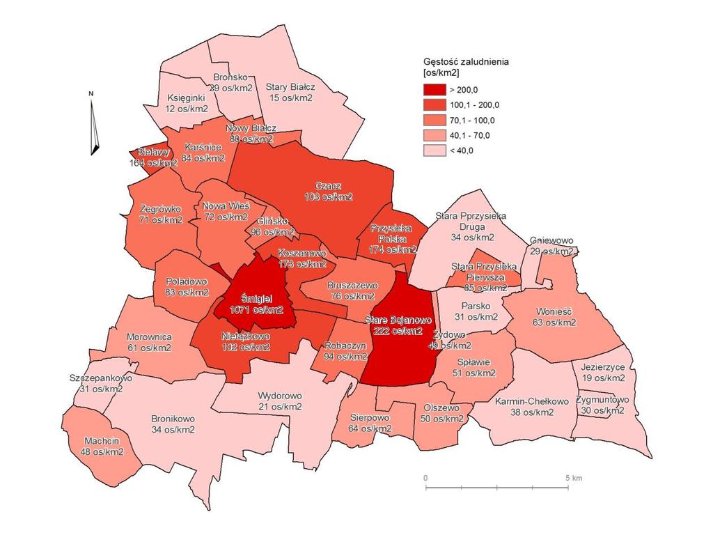 Zasięg wytypowanych jednostek urbanistycznych wraz z gęstością zaludnienia poszczególnych obszarów przedstawiono na mapie nr 1.