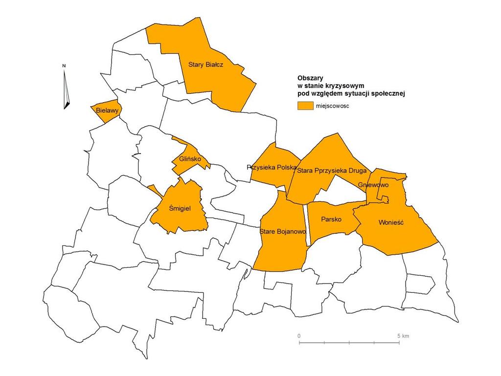 Mapa nr 2 Obszary w stanie kryzysowym pod względem występowania negatywnych zjawisk społecznych na terenie Gminy Śmigiel Źródło danych: Opracowanie własne 2.11.