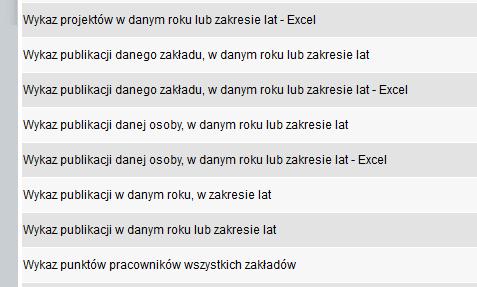 Raporty Wykaz publikacji danego zakładu, w danym roku lub zakresie lat Wykaz publikacji