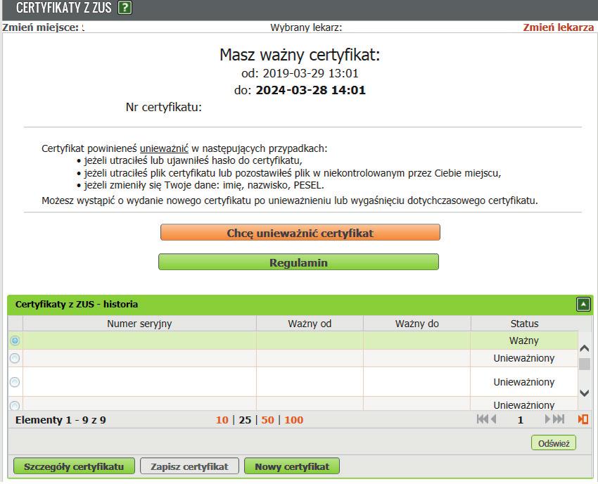 e-zla dla asystenta medycznego Aby unieważnić certyfikat, w zakładce [Certyfikat z ZUS] kliknij