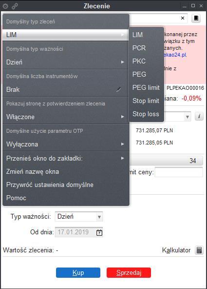 Rys. 17. Fragment ustawień okna zlecenie, z opcją do wyłączenia strony z potwierdzeniami zlecenia. 4.1. Domyślne ustawienia okna W celu przyspieszenia procesu składania zleceń istnieje możliwość zdefiniowania tzw.