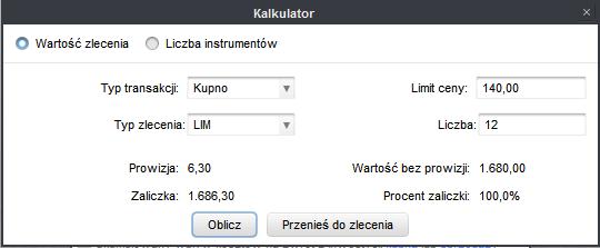 Rys. 20. Okno kalkulatora z przykładowymi wynikami obliczeń w widoku Wartość zlecenia.