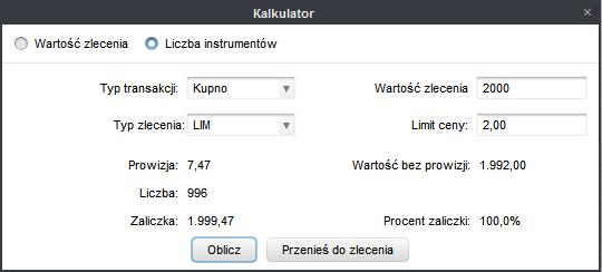 Jak obliczyć liczbę instrumentów w zleceniu na podstawie wartości zlecenia i limitu ceny?