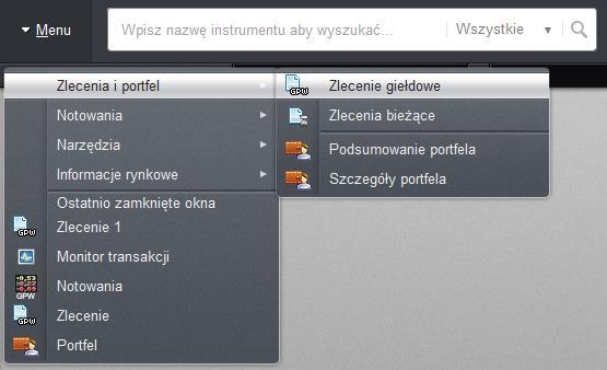 1. Otwieranie okna Zlecenie Funkcja składania zleceń dostępna jest dla użytkowników, którzy: Posiadają aktywny rachunek inwestycyjny w Domu Maklerskim Pekao, z możliwością jego obsługi przez