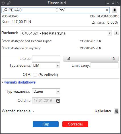 Rys. 6. Widok okna Zlecenie. 3.1. Informacje o wybranym instrumencie W celu wybrania instrumentu w oknie Zlecenie skorzystaj z wyszukiwarki lub katalogu instrumentów (Rys. 7.).