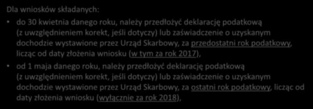 Kwota miesięcznego dochodu Dla wniosków składanych: do 30 kwietnia danego roku, należy przedłożyć deklarację podatkową (z uwzględnieniem korekt, jeśli dotyczy) lub zaświadczenie o uzyskanym dochodzie