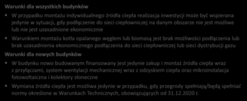 Ważne informacje Warunki dla wszystkich budynków W przypadku montażu indywidualnego źródła ciepła realizacja inwestycji może być wspierana jedynie w sytuacji, gdy podłączenie do sieci ciepłowniczej