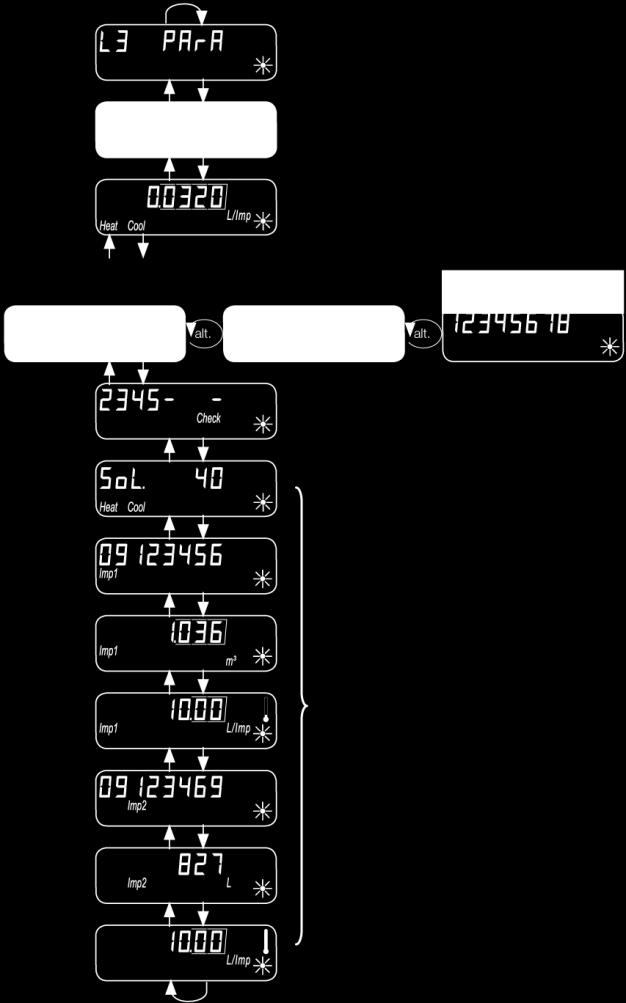 Poziom wyświetlacza L3 Parametr Wyświetla poziom Data kolejnego ustalonego dnia Czujnik przepływu wartości impulsu Identyfikacja Wersja firmware Kod kontrolny Numer seryjny Dostępne + aktywowane