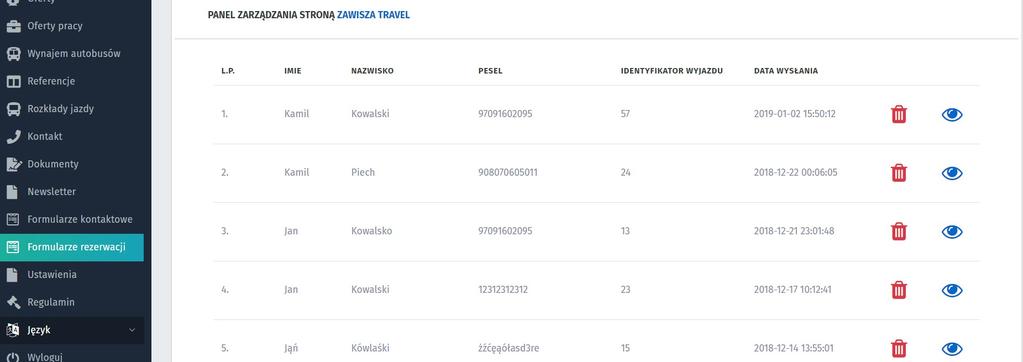 Zakładka formularze rezerwacji w tej zakładce mamy wszystkie formularze rezerwacji potwierdzone przez użytkowników, również z danymi, id wycieczki (