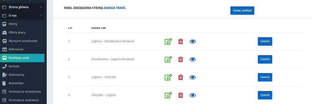 Po kliknięciu w ikonkę oka (niebieska) wejdziemy do danego rozkładu jazdy. Ukazał nam się rozkład, możemy dodawać, edytować oraz usuwać poszczególne przystanki oraz godziny w rozkładzie.