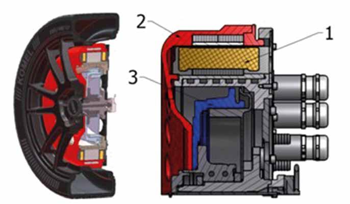 Zastosowany model obejmuje: aluminiowy element nośny z płaszczem wodnym (1), uproszczony rdzeń stojana (2), uproszczony model uzwojenia (3), żywicę termoprzewodzącą