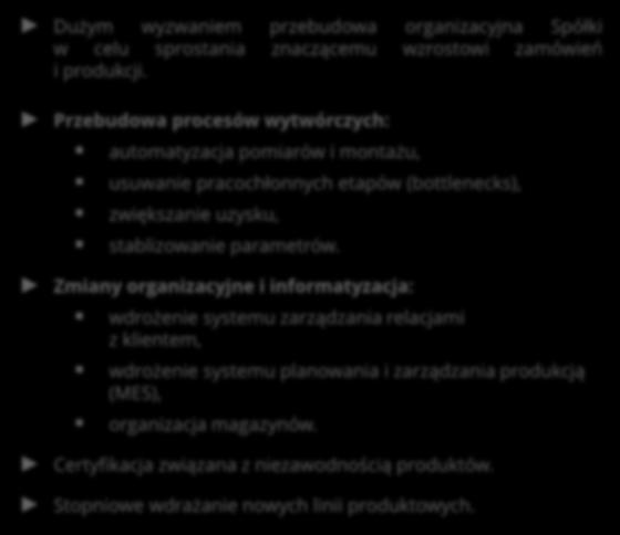 Realizacja Strategii VIGO 2020 Zmiany organizacyjne i rozwój technologii Dużym wyzwaniem przebudowa organizacyjna Spółki w celu sprostania znaczącemu