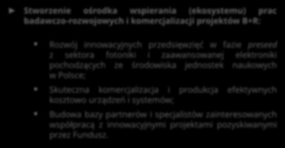 Realizacja Strategii VIGO 2020 VIGO Innovation Stworzenie ośrodka wspierania (ekosystemu) prac badawczo-rozwojowych i komercjalizacji projektów B+R: Rozwój innowacyjnych przedsięwzięć w fazie preseed