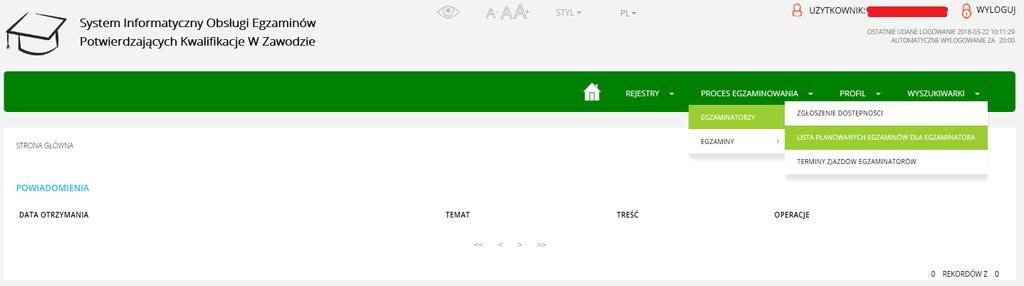 h. Wybierz z menu kolejno Proces egzaminowania -> Egzaminatorzy -> Lista