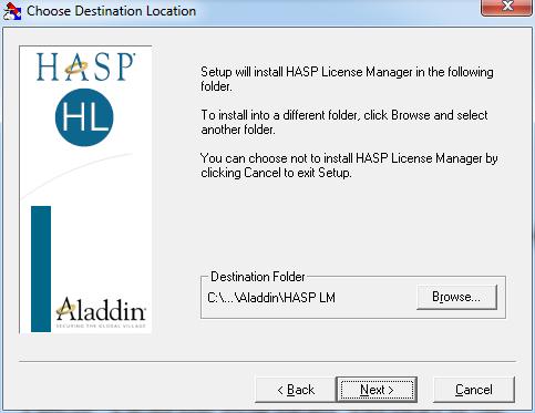 W powyższym oknie użyć przycisku <Browse > by wybrać folder do zainstalowania aplikacji (domyślnie "C:\Program Files (x86)\aladdin\hasp LM") lub pozostawić domyślną proponowaną przez instalator i