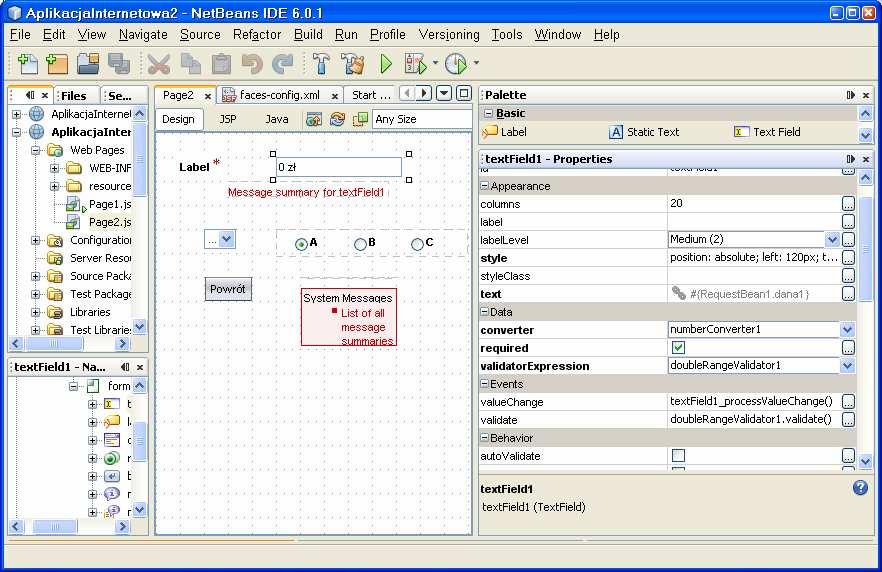 15.11. Walidacja danych Przeciągnij kontrolkę Double Range Validator z Palette na kontrolkę TextField.