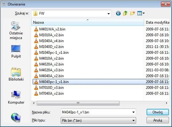 Rys 9. Wybór pliku z programem obsługi (firmware) Podczas ładowania programu żółta dioda LED umieszczona obok mikro przełącznika SW1 miga pokazując przepływ danych do ADA- 4040PC1.