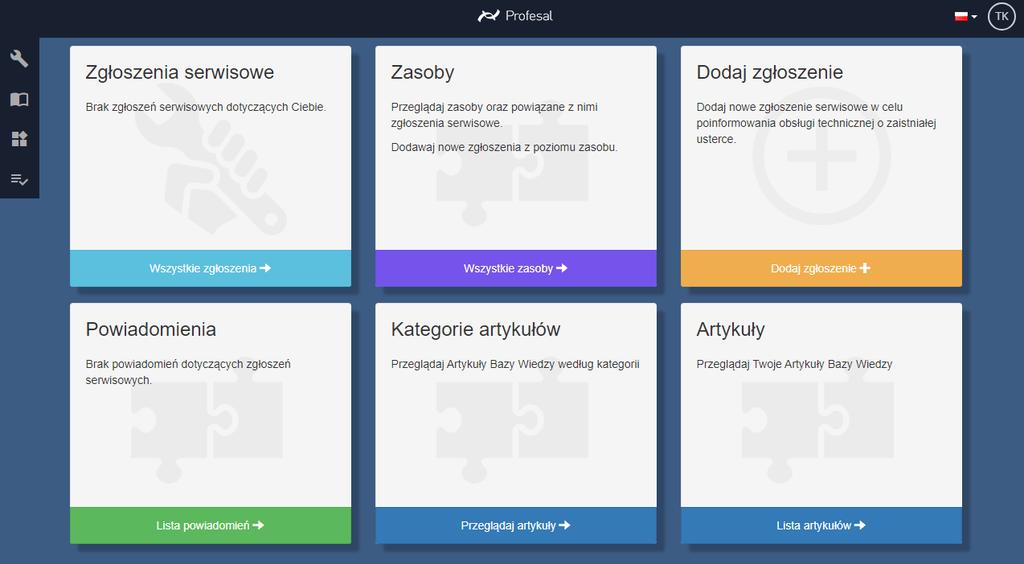2. Strona główna Po zalogowaniu, na stronie głównej znajdziesz następujące sekcje: Zgłoszenia serwisowe sekcja zawierająca wszystkie dodane przez użytkownika zgłoszenia o zaistniałych usterkach wraz