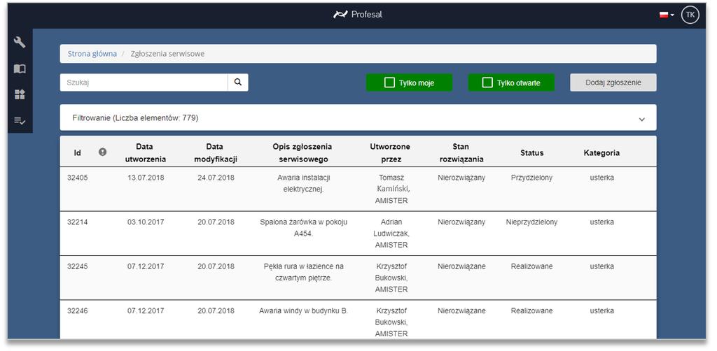 3.1. Przegląd zgłoszeń serwisowych Po kliknięciu przycisku Wszystkie zgłoszenia w sekcji Zgłoszenia serwisowe zostaniesz przekierowany do strony zawierającej listę wszystkich zgłoszeń serwisowych,