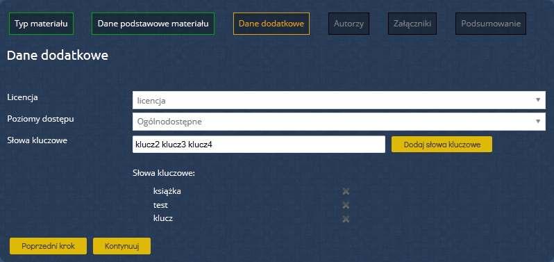 Ponadto uzupełniamy słowa kluczowe. Możemy tutaj dodawać pojedyncze słowa kluczowe (wpisując słowo i wybierając opcję Dodaj słowa kluczowe).