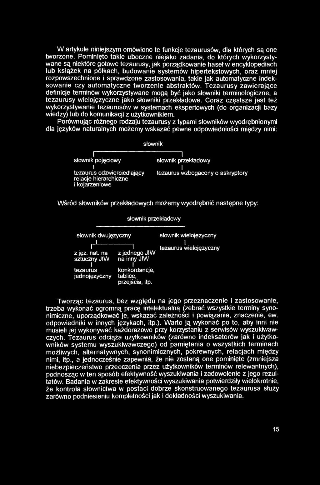W artykule niniejszym omówiono te funkcje tezaurusów, dla których są one tworzone.