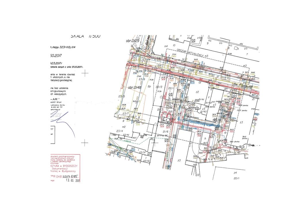 Zał. nr 1 MAPA DOKUMENTACYJNA skala 1: 500 N OBJAŚNIENIA: ⁷⁷⁷ ⁴ ⁵ reper roboczy i jego rzędna linia przekroju i jej numer 1 DP 36,21