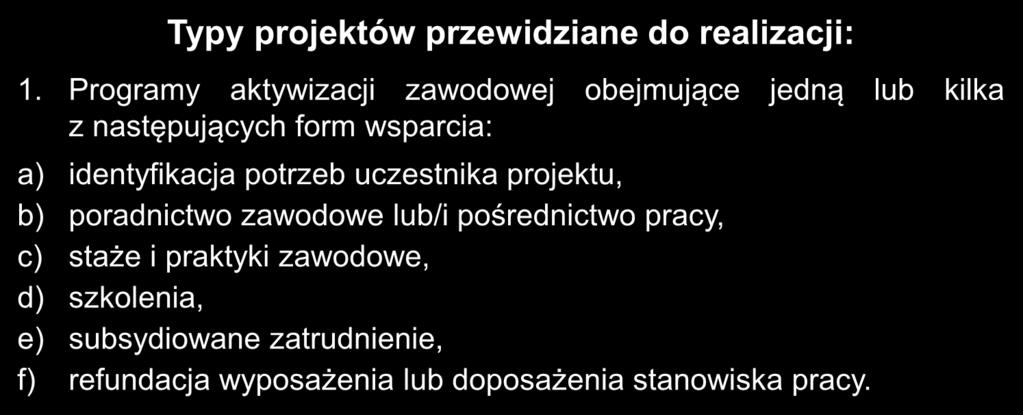 potrzeb uczestnika projektu, b) poradnictwo zawodowe lub/i pośrednictwo pracy, c) staże i praktyki