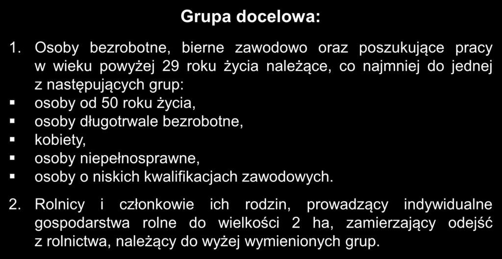 Osoby bezrobotne, bierne zawodowo oraz poszukujące pracy w wieku powyżej 29 roku życia należące, co najmniej do jednej z następujących grup: osoby od 50 roku życia, osoby długotrwale