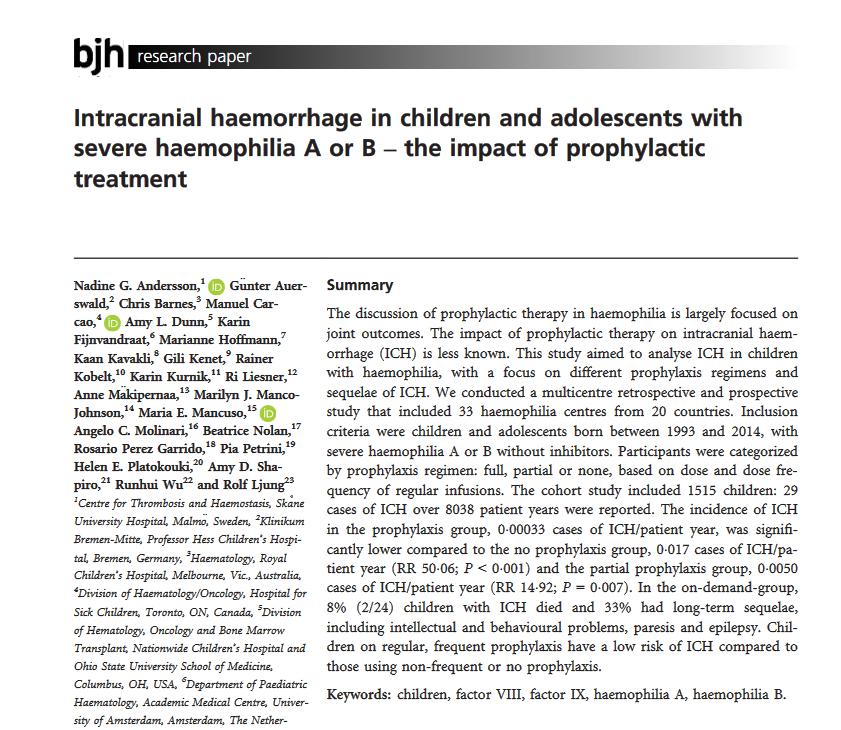Rola profilaktyki w zapobieganiu krwawieniom do oun w ciężkiej hemofilii Andersson et al Br J Haematol. 2017;179(2);298-307.
