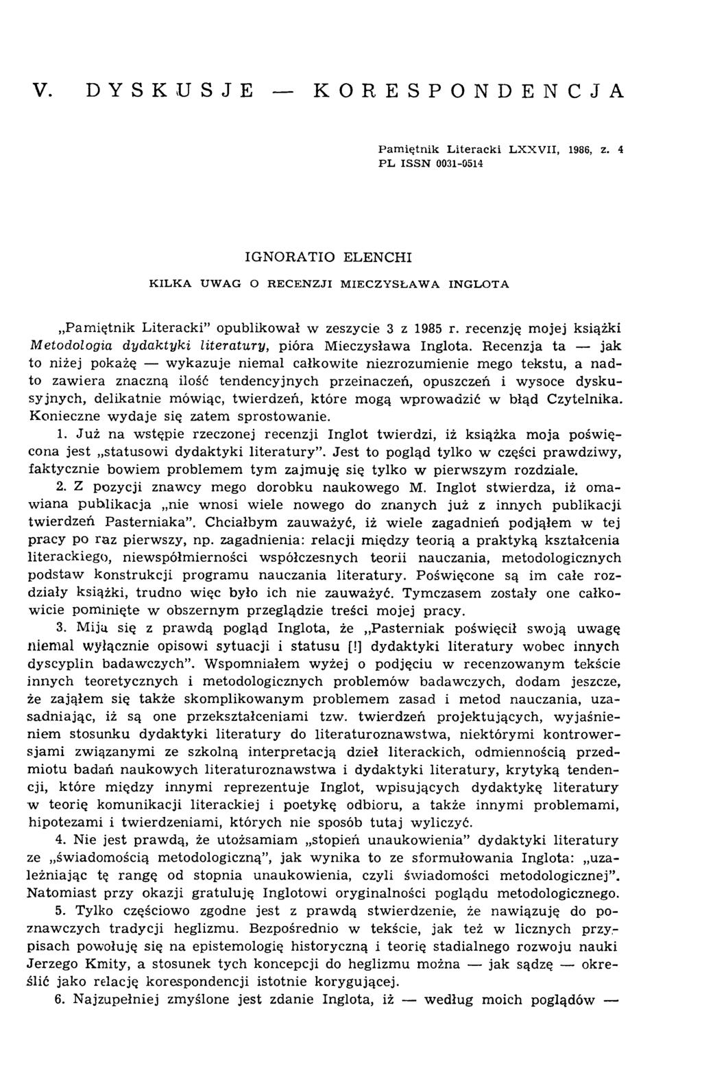 V. DYSKUSJE KORESPONDENCJA P a m ię tn ik L itera ck i L X X V II, 1986, z.