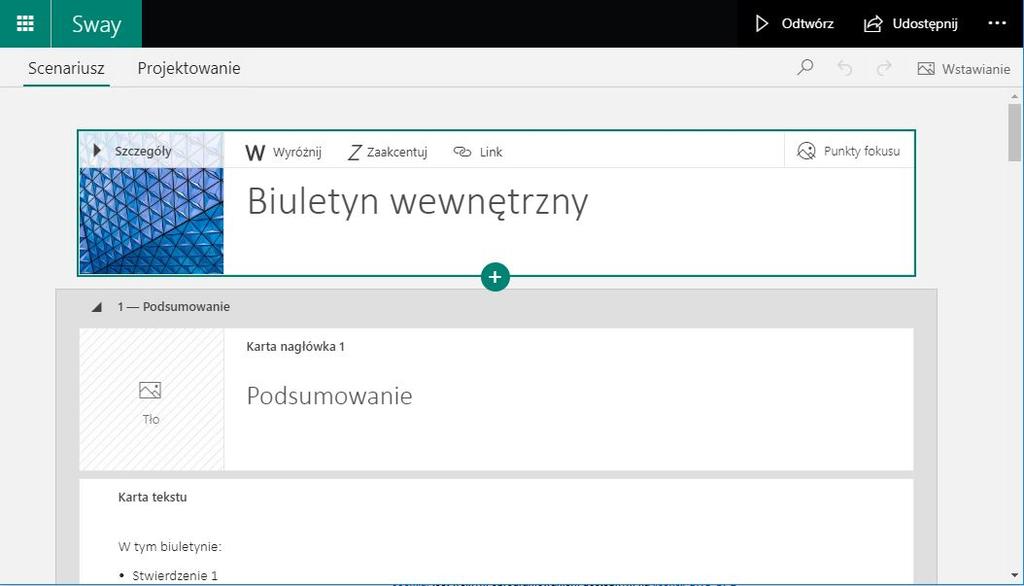 sporządzania listy zakupów. Jest to więc bardzo wszechstronne narzędzie. Następca PowerPoint'a? Całkiem nową i bardzo charakterystyczną aplikacją jest wspomniany Sway.