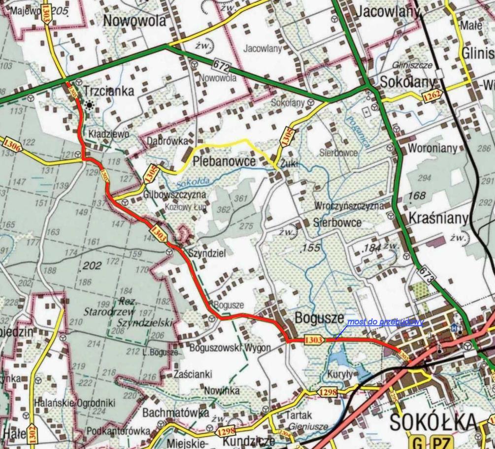 Objęty dokumentacją projektową odcinek drogi powiatowej nr 1303B wraz z mostem Gmina Dąbrowa Białostocka, Gmina Suchowola Opracowanie skróconych dokumentacji