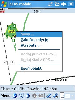 Ikona "Obszar" Wybranie i kliknięcie rysikiem na mapie dodaje punkty pomiaru powierzchni.
