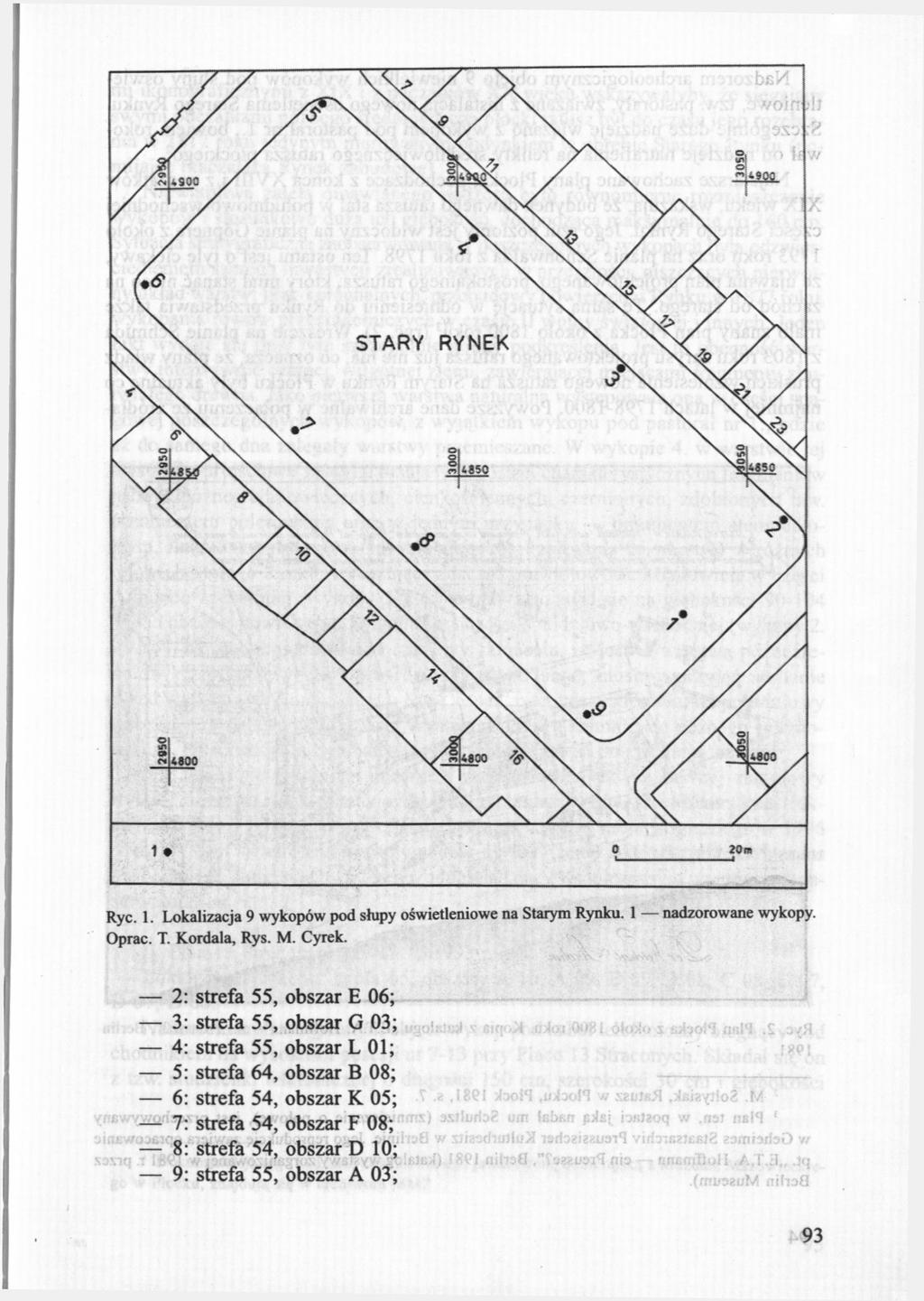o 20«Ryc. 1. Lokalizacja 9 wykopów pod słupy oświetleniowe na Starym Rynku. 1 nadzorowane wykopy. Oprać. T. Kordala, Rys. M. Cyrek.