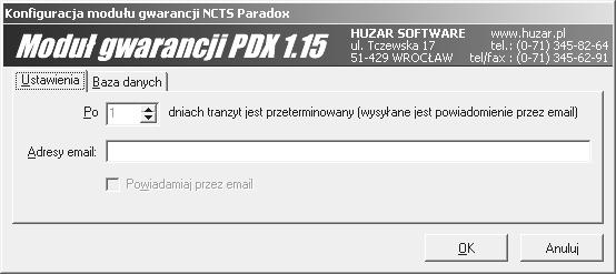 Konfiguracja modułu gwarancji pracującego w trybie 1 (lokalnie) Moduły poprawnie "zarejestrowane" w programie WinSADEU(IB) są widoczne w opcjach programu w węźle Moduły dodatkowe.