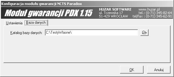 Węzeł Dodatkowe moduły Przycisk Konfiguruj umoŝliwiający konfigurację wskazanego modułu Lokalna baza paradox Po naciśnięciu przycisku Konfiguruj wyświetlone zostanie okienko Moduł gwarancji PDX z
