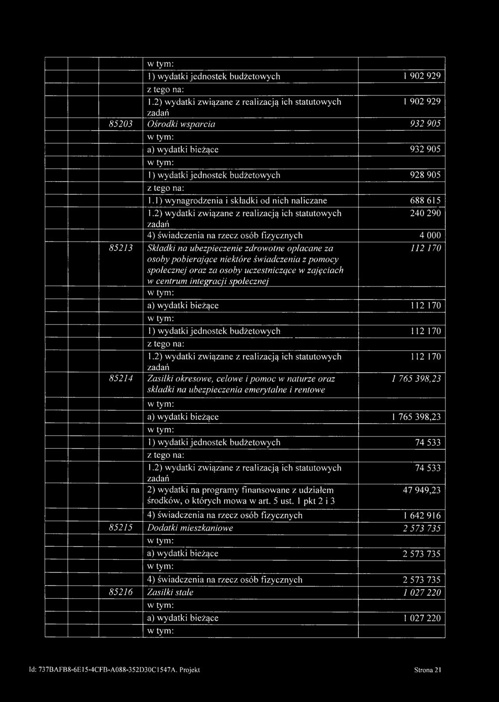 z pomocy społecznej oraz za osoby uczestniczące w zajęciach 112 170 w centrum integracji społecznej a) wydatki bieżące 112 170 1) wydatki jednostek budżetowych 112 170 85214 Zasiłki okresowe, celowe