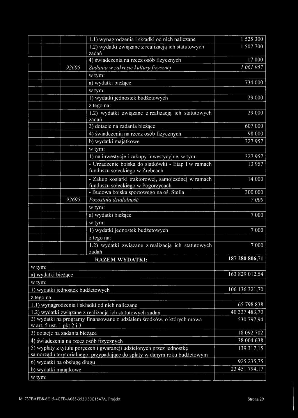 327 957 - Urządzenie boiska do siatkówki - Etap I w ramach 13 957 funduszu sołeckiego w Źrebcach - Zakup kosiarki traktorowej, samojezdnej w ramach 14 000 funduszu sołeckiego w Pogorzycach - Budowa