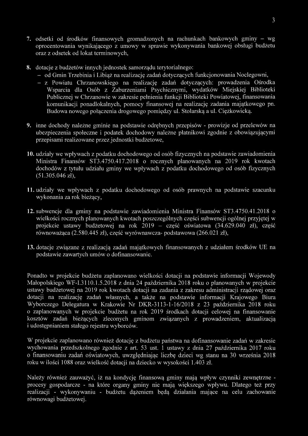 dotacje z budżetów innych jednostek samorządu terytorialnego: - od Gmin Trzebinia i Libiąż na realizację dotyczących funkcjonowania Noclegowni, - z Powiatu Chrzanowskiego na realizację dotyczących: