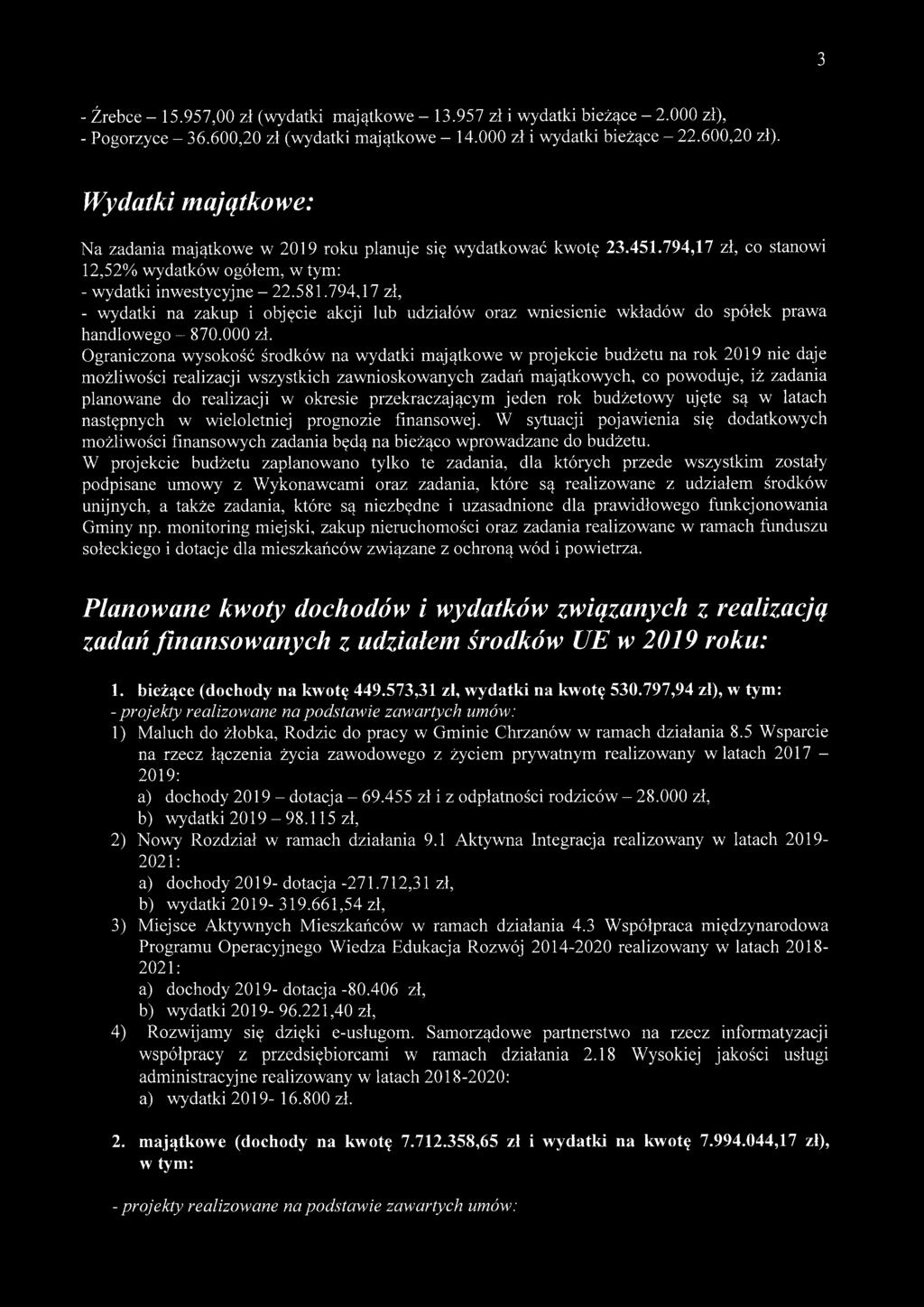 794,17 zł, - wydatki na zakup i objęcie akcji lub udziałów oraz wniesienie wkładów do spółek prawa handlowego - 870.000 zł.