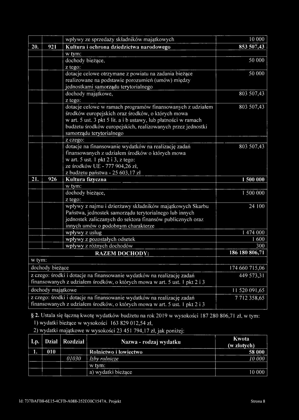 terytorialnego dochody majątkowe, 803 507,43 dotacje celowe w ramach programów finansowanych z udziałem 803 507,43 środków europejskich oraz środków, o których mowa w art. 5 ust. 3 pkt 5 lit.