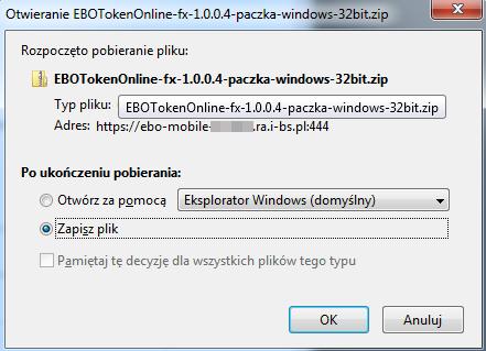 Zalecamy pobieranie i uruchamianie aplikacji w wersji: EBOTokenOnline-fx-1.x.x.x-paczka-windows-32bit.zip, EBOTokenOnline-fx-1.x.x.x-paczka-windows-64bit.
