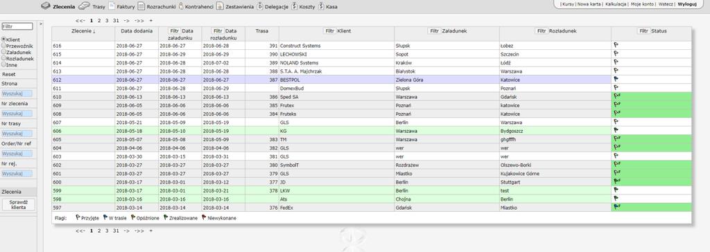 20 HERMES GT INSTRUKCJA DO PROGRAMU ZLECENIA Zlecenia to pierwszy moduł, dostępny z menu głównego. Po kliknięciu w element Zlecenia, domyślnie otwiera się lista zleceń w formie tabeli.