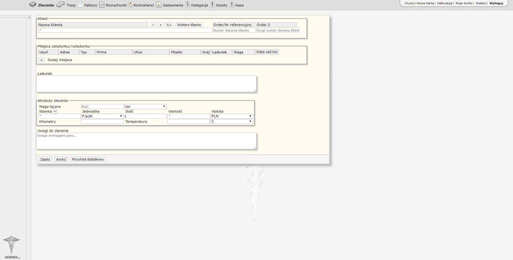 26 HERMES GT INSTRUKCJA DO PROGRAMU Rysunek 19 Okno wprowadzania nowego zlecenia KLIENT Rysunek 20 Sekcja Klient w formularzu nowego zlecenia Sekcja Klient pozwala na wprowadzenie danych Klienta oraz